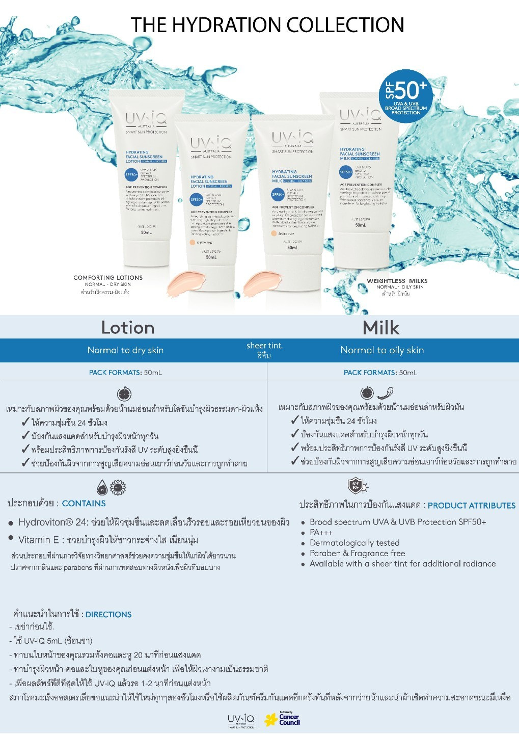 UV-iQ Hydrating Facial Sunscreen Milk SPF50+ for Normal/Oily Skin 50 ml.  คอลเลคชั่น ไฮเดรตติ้ง Collection Hydrating  กุญแจสู่ผิวที่ดูดีที่สุดเสมอคือความชุ่มชื้น ตามคำอธิบายของลอเรน “ยิ่งผิวขาดน้ำเท่าไร ร่องตื้นและริ้วรอยก็ยิ่งมองเห็นได้ชัด แต่เราสามารถต่อสู้กับภาวะผิวขาดน้ำได้โดยเพิ่มการบริโภคน้ำและการใช้ครีมที่มีส่วนผสมให้ความชุ่มชื้นอย่างมีประสิทธิภาพกับผิว ” UViQ Hydrating Collection มี Hydroviton® 24 สารให้ความชุ่มชื้นขั้นสูงที่ทำงานตลอด 24 ชั่วโมง ผ่านการวิจัยทางวิทยาศาสตร์โดยผู้เชี่ยวชาญด้านผิวและแสงแดดจากประเทศออสเตรเลีย ให้ความชุ่มชื้นแก่ผิวที่เกิดขึ้นตามธรรมชาติถึงแปดประการ Hydroviton® 24 มอบความชุ่มชื้นทันทีและยาวนานโดยก่อตัวขึ้นใหม่ทุกครั้งที่ผลิตภัณฑ์ซึมซาบลงสู่ผิว  ความชุ่มชื่นพิเศษที่เติมลงสู่ผิวนี้ จะช่วยให้ผิวอิ่มน้ำและเรียบเนียน ร่องตื้นและริ้วรอยดูลดเลือน พร้อมคุณค่าจากวิตามิน E ที่ช่วยรักษาความชื้นธรรมชาติในผิว 