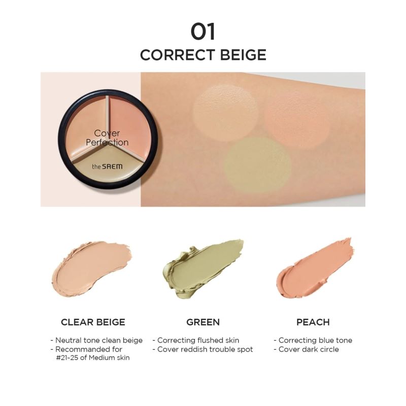 The Saem Cover Perfection Triple pot concealer #01 Clear Beige 4.5g , คอนซีลเลอร์ , The Saem  , ซื้อ Concealer , The Saem  3 หลุม